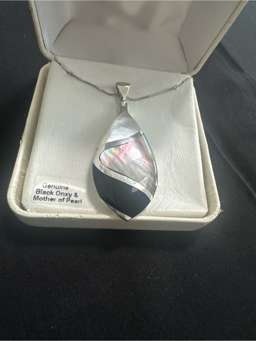 Silver Black Onyx & Iridescent Mother of Pearl Teardrop Pendant Necklace